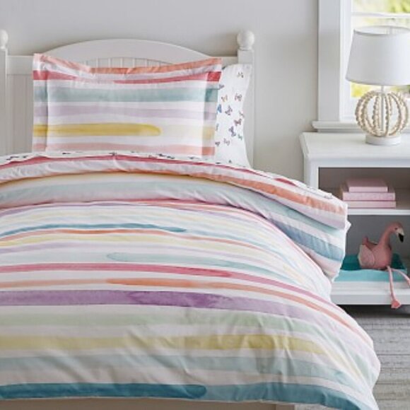 Pottery Barn Kids Kayla Stripe Organic Duvet Cover - Rainbow - Picture 1 of 6